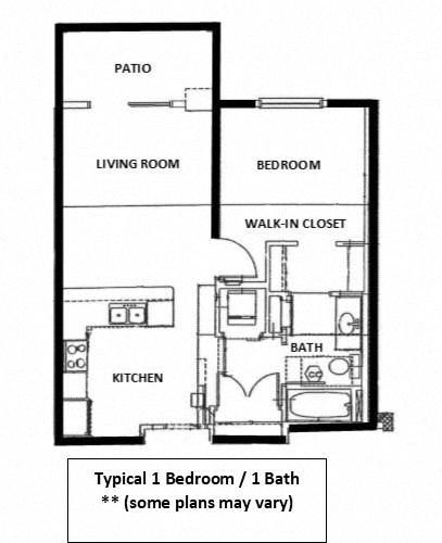Floor plan for 1 bed, 1 bath, 700 sqft